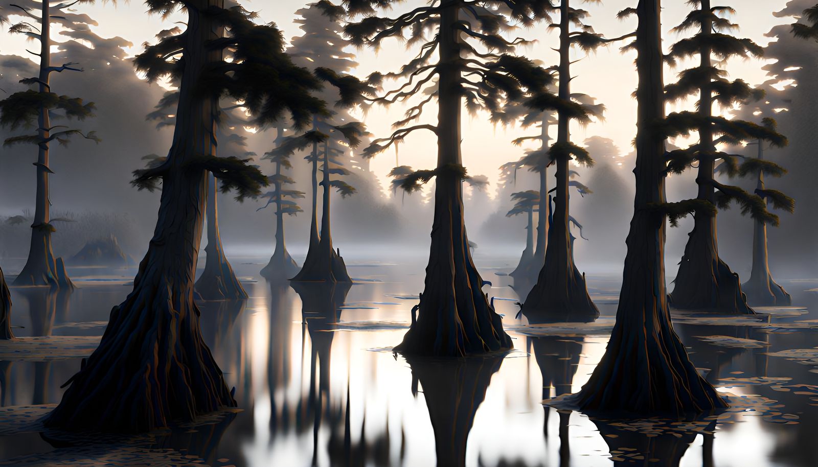 Fantastical Marsh Bald Cypress Trees in Ukiyo-e Style