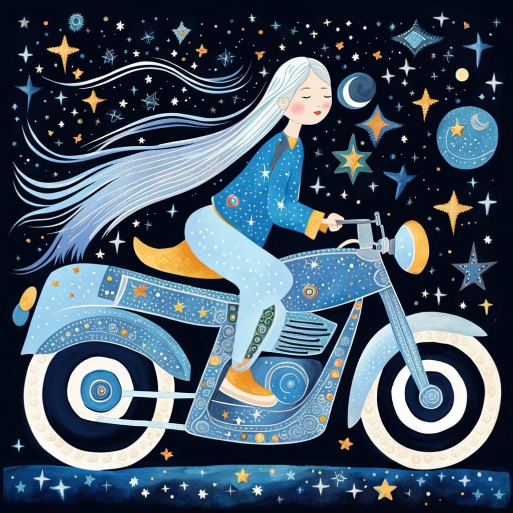 Girl Rides Motorcycle Through Starry Cosmic Sky