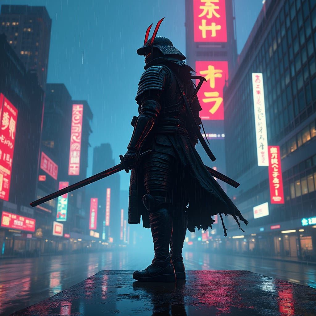 Cyberpunk Samurai Warrior in Neon Cityscape