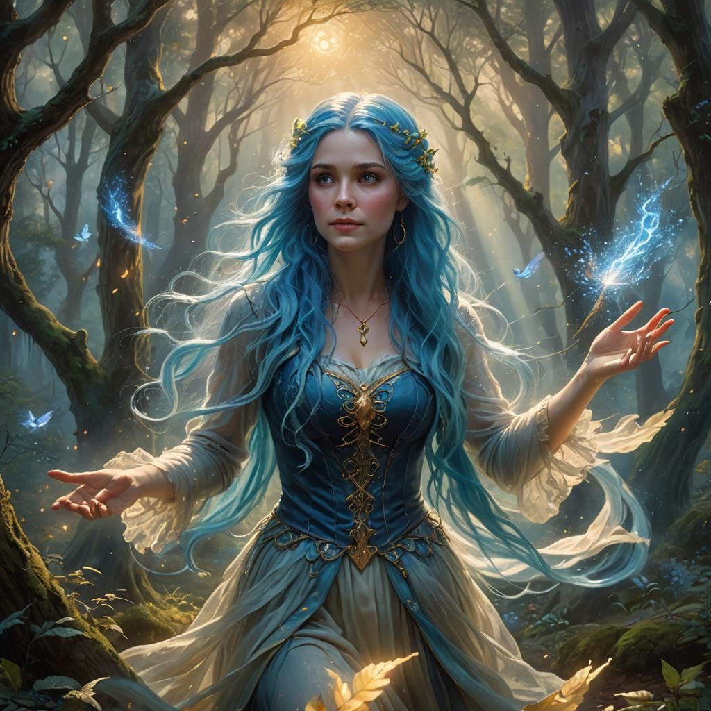 Mystical Woman Wielding Magic in Enchanted Forest