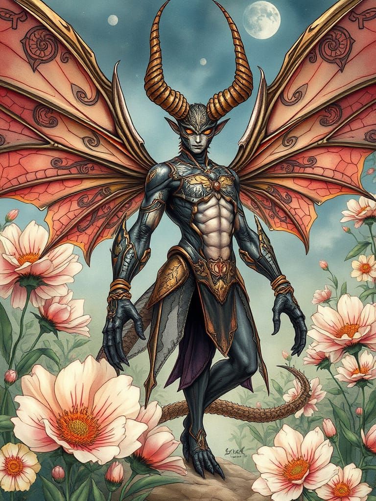 Demon-Insectoid Hybrid in Watercolor Storybook Style