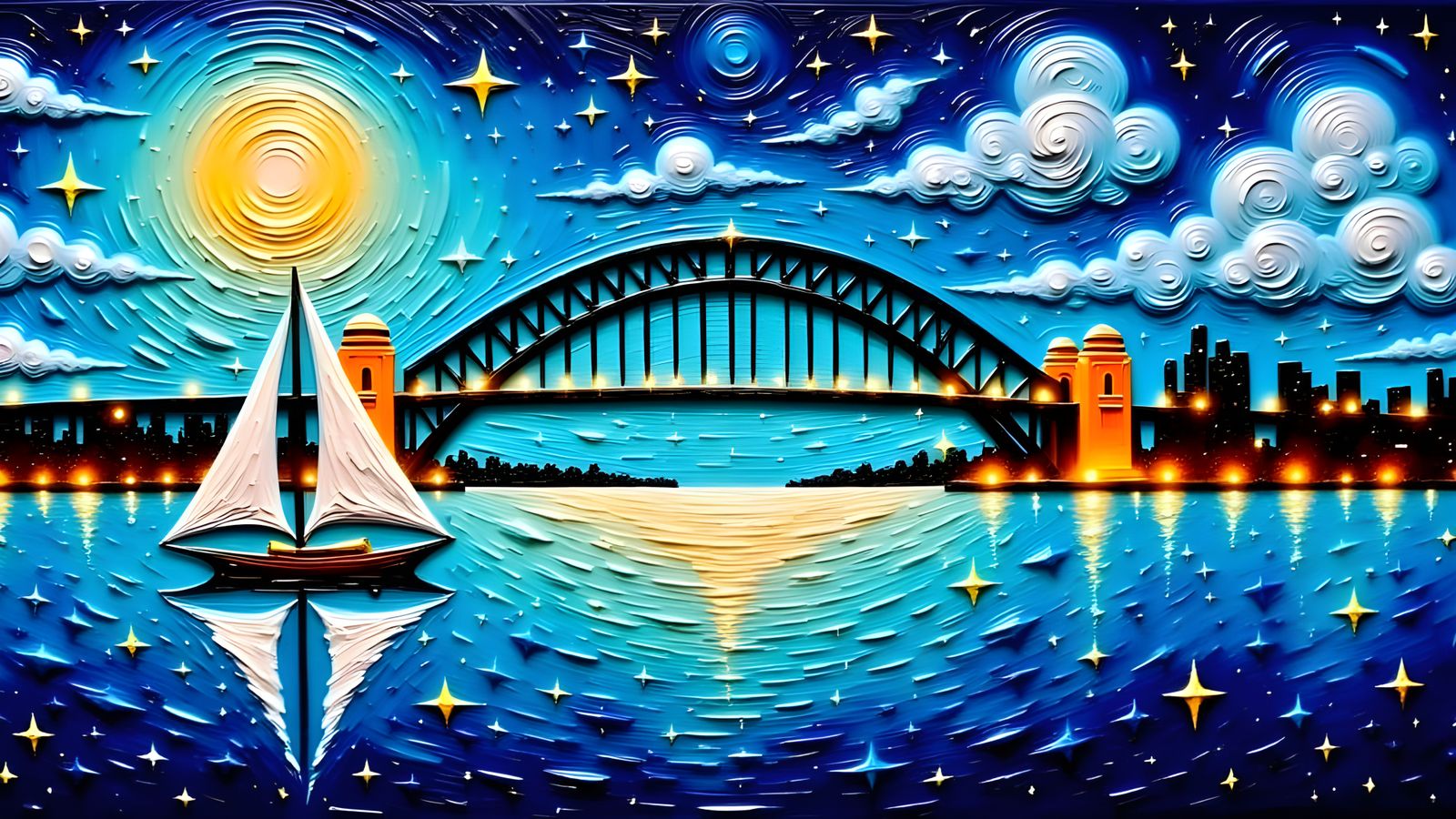 Sydney Harbor Bridge at Night as Impasto Painting
