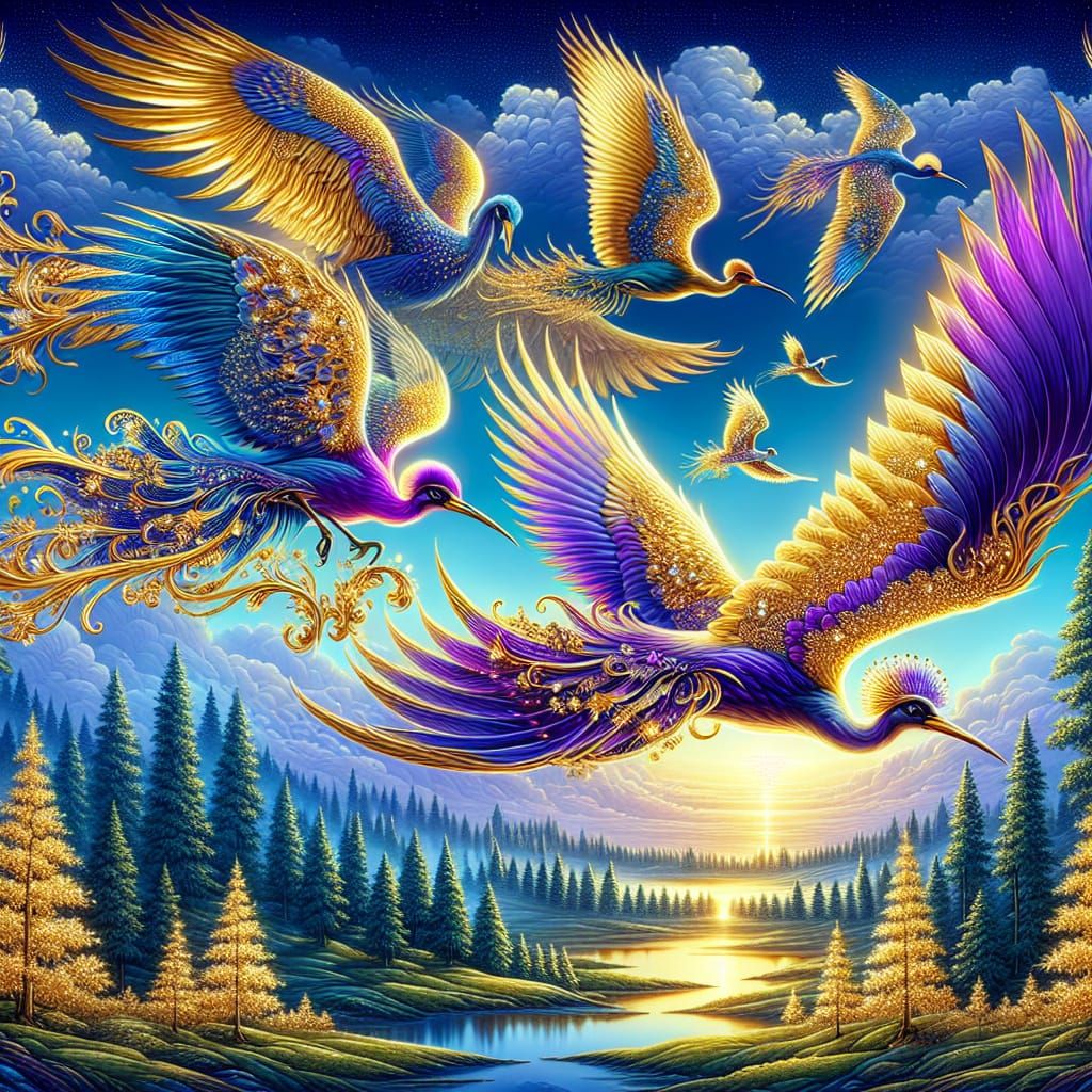 Majestic Purple and Gold Birds Soaring in Azure Sky