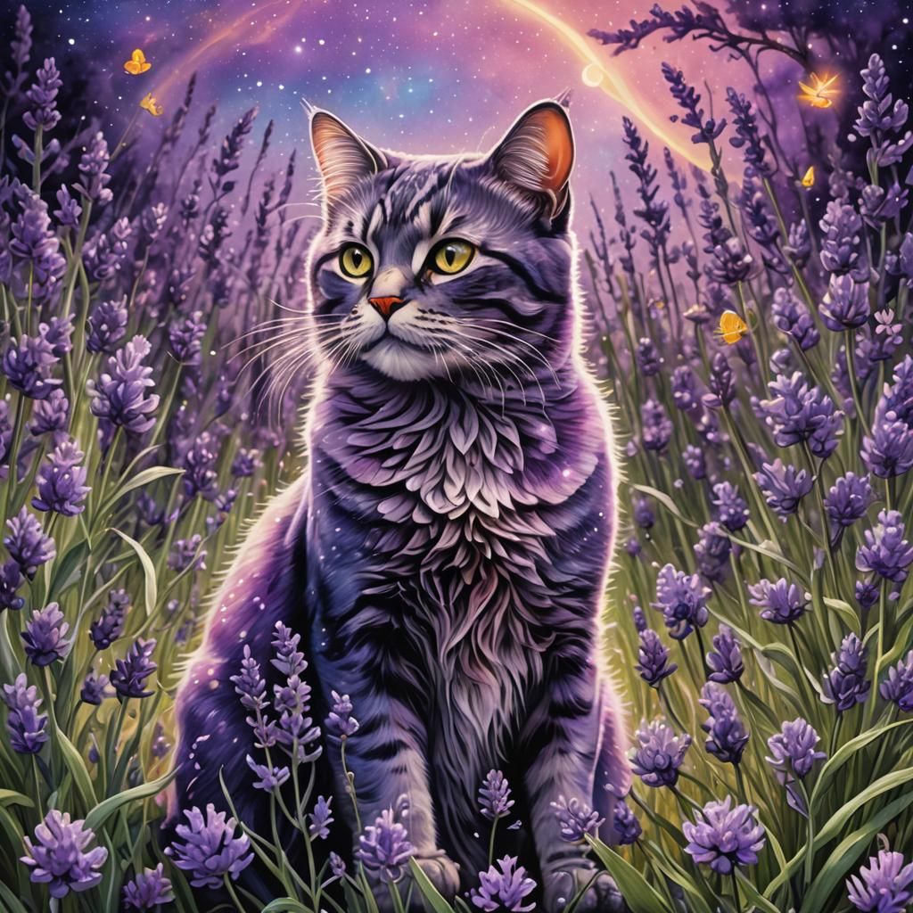 Feline Love in Lavender Field: Astral Cosmic Illustration