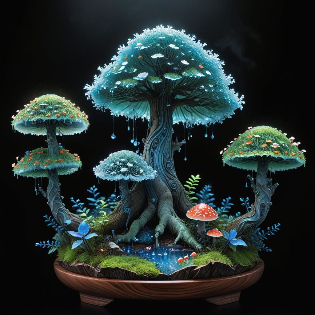 Whimsical Crystal Bonsai in Dreamlike Forest