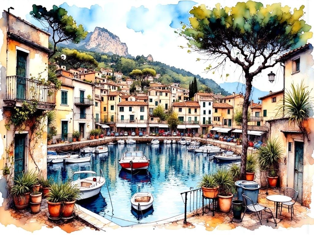 Mediterranean Harbor Scene in Vibrant Ink