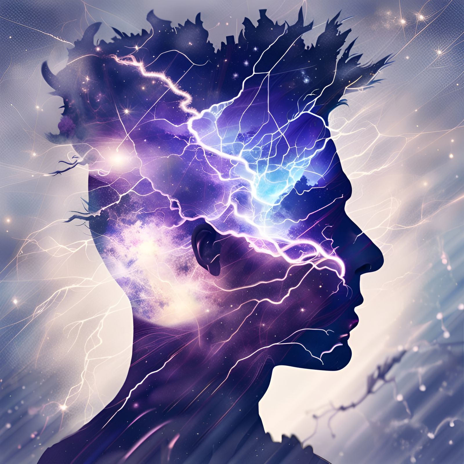 Lightning Storm Head in Double Exposure Art