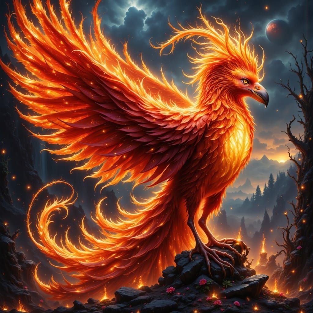 Majestic Phoenix Rising from Ashes in Digital Painting