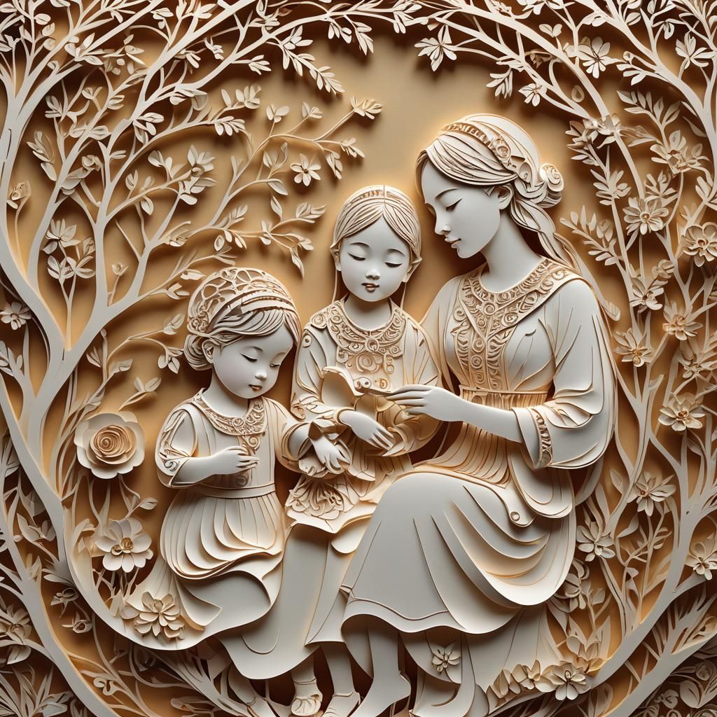 Kirigami Style: Woman Singing to Toddlers