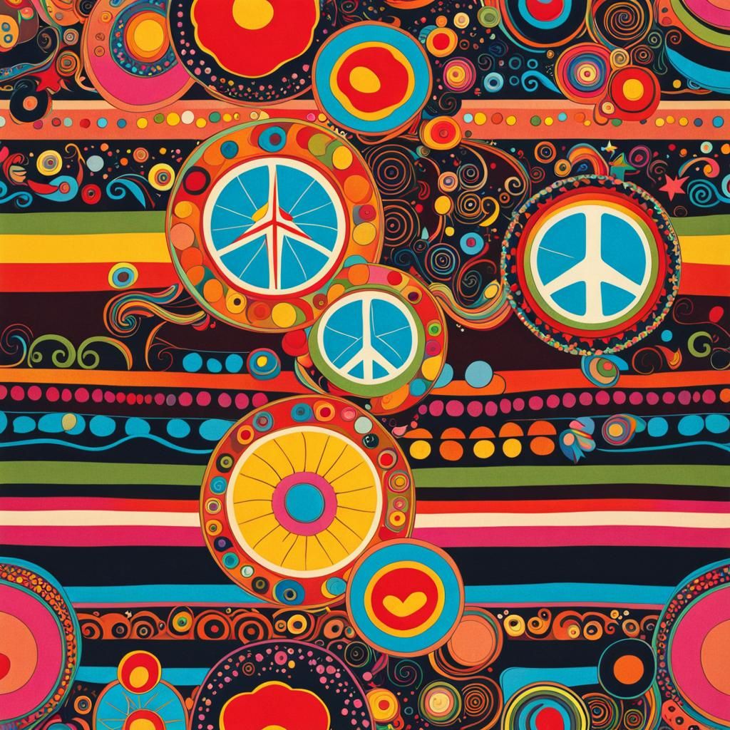 Psychedelic 70s Tapestry with Peace and Love