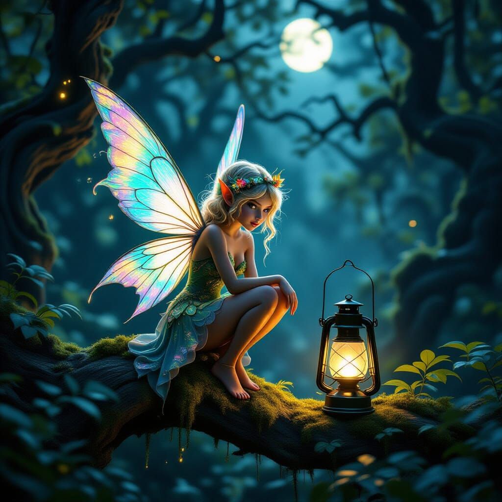 Mischievous Fairy in Moonlit Forest with Ethereal Glow