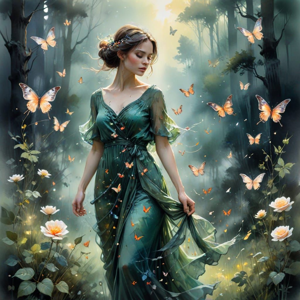 Enchanted Woman and Child in Twilight Forest