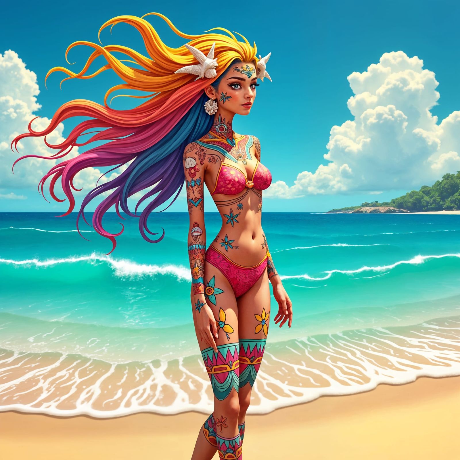 Spark on Sunny Beach with Rainbow Hair
