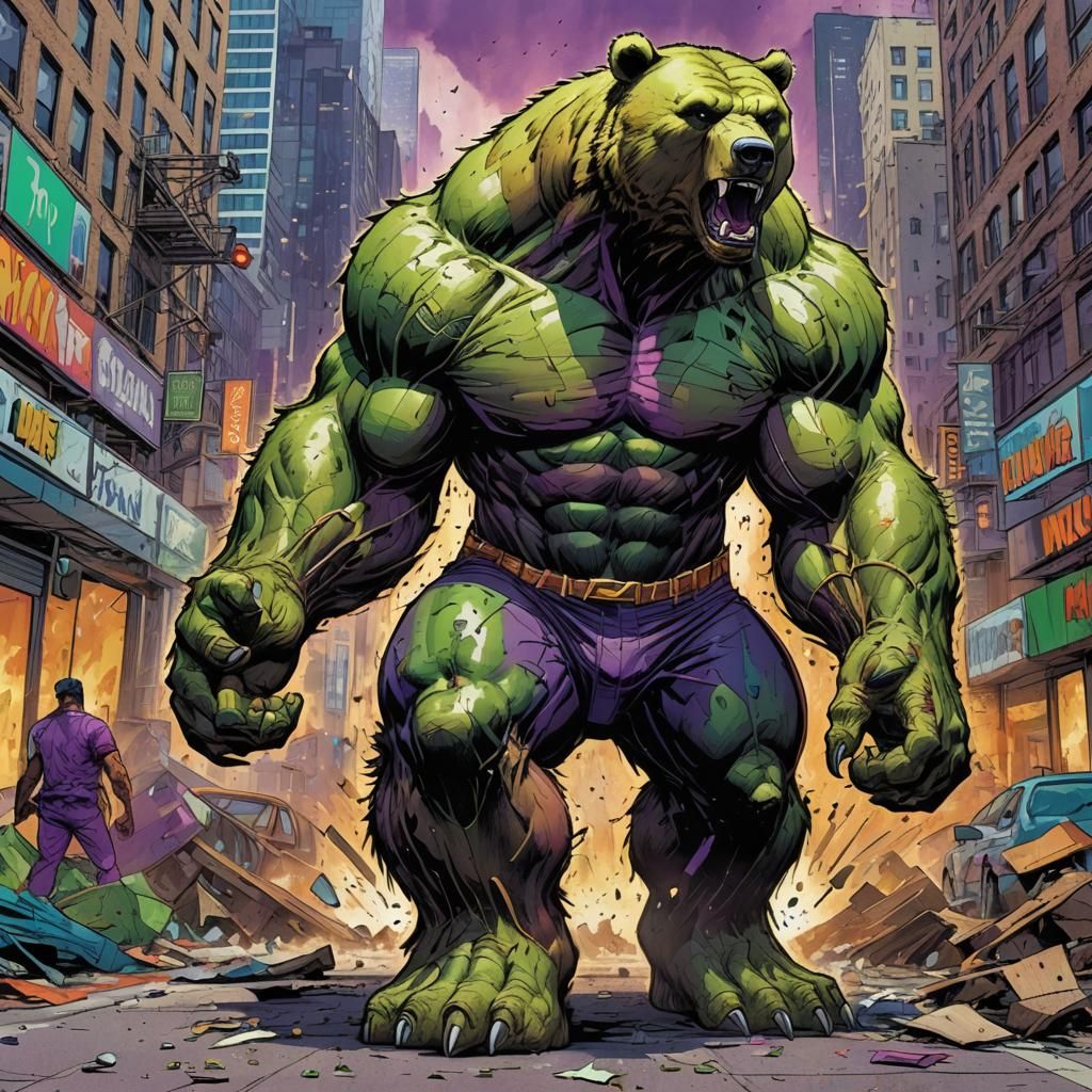 Hulk Bear Rages Through City in Comic Book Art