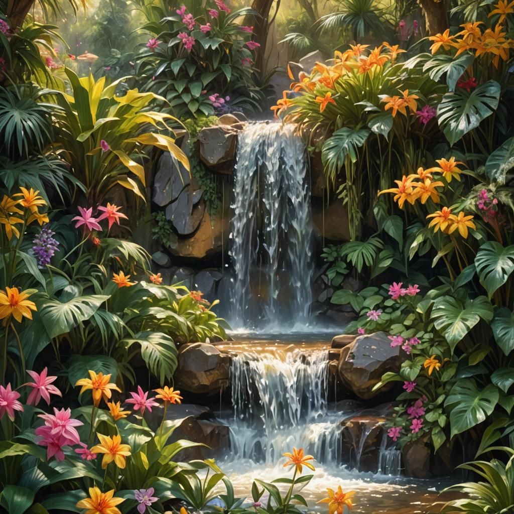 Lush Waterfall Scene in Post-Impressionist Style