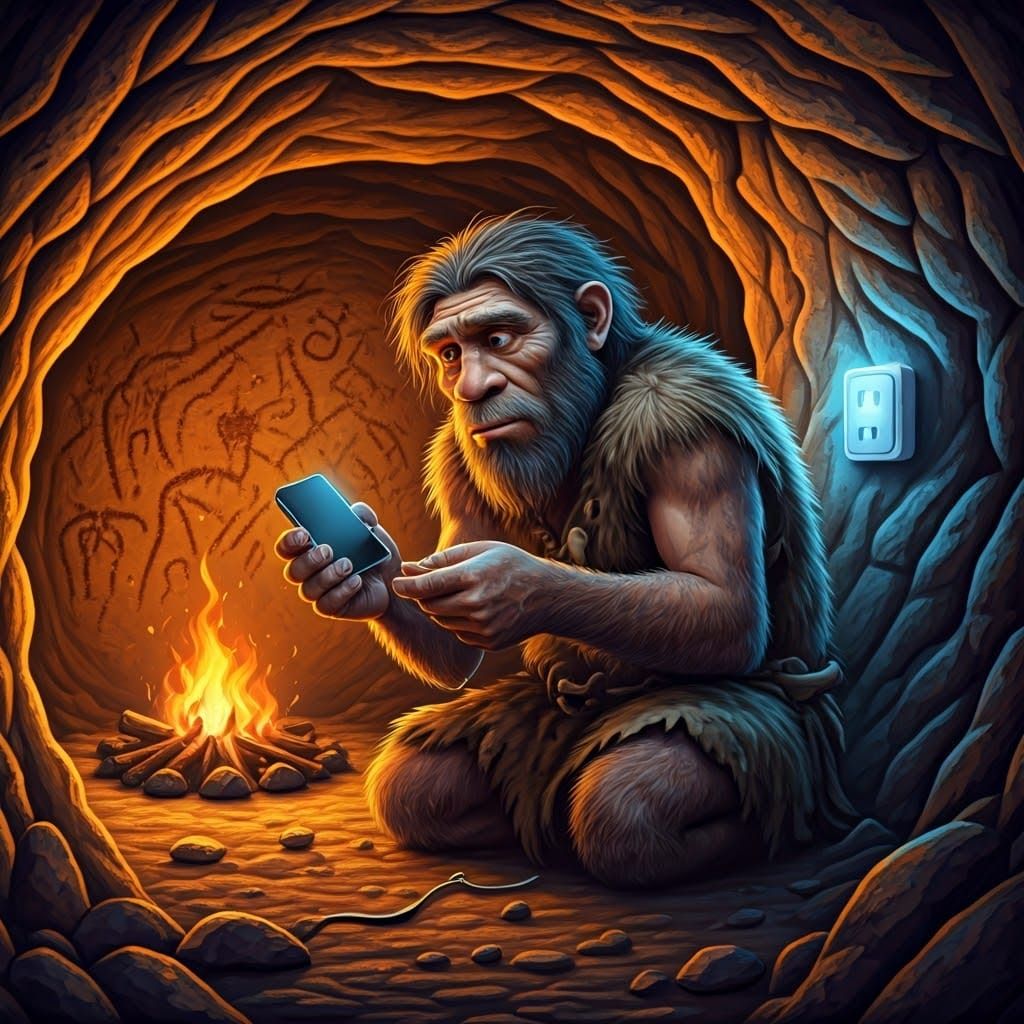 Caveman Confronts Modern Technology in Dimly Lit Cave