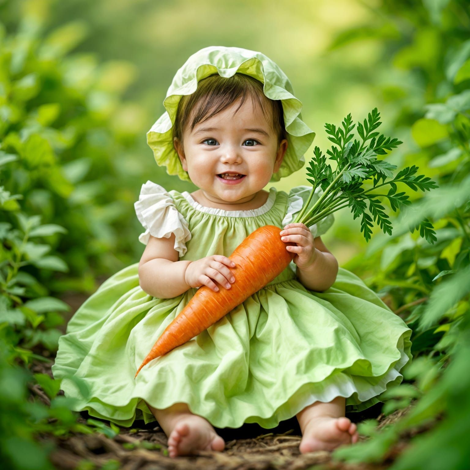 Happy Baby with Carrot in Lettuce Dress