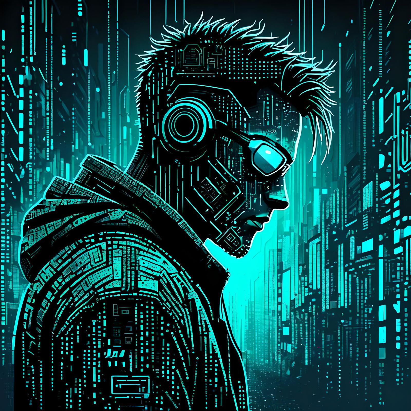 Cyberpunk Hacker in Dystopian Pointillism Style