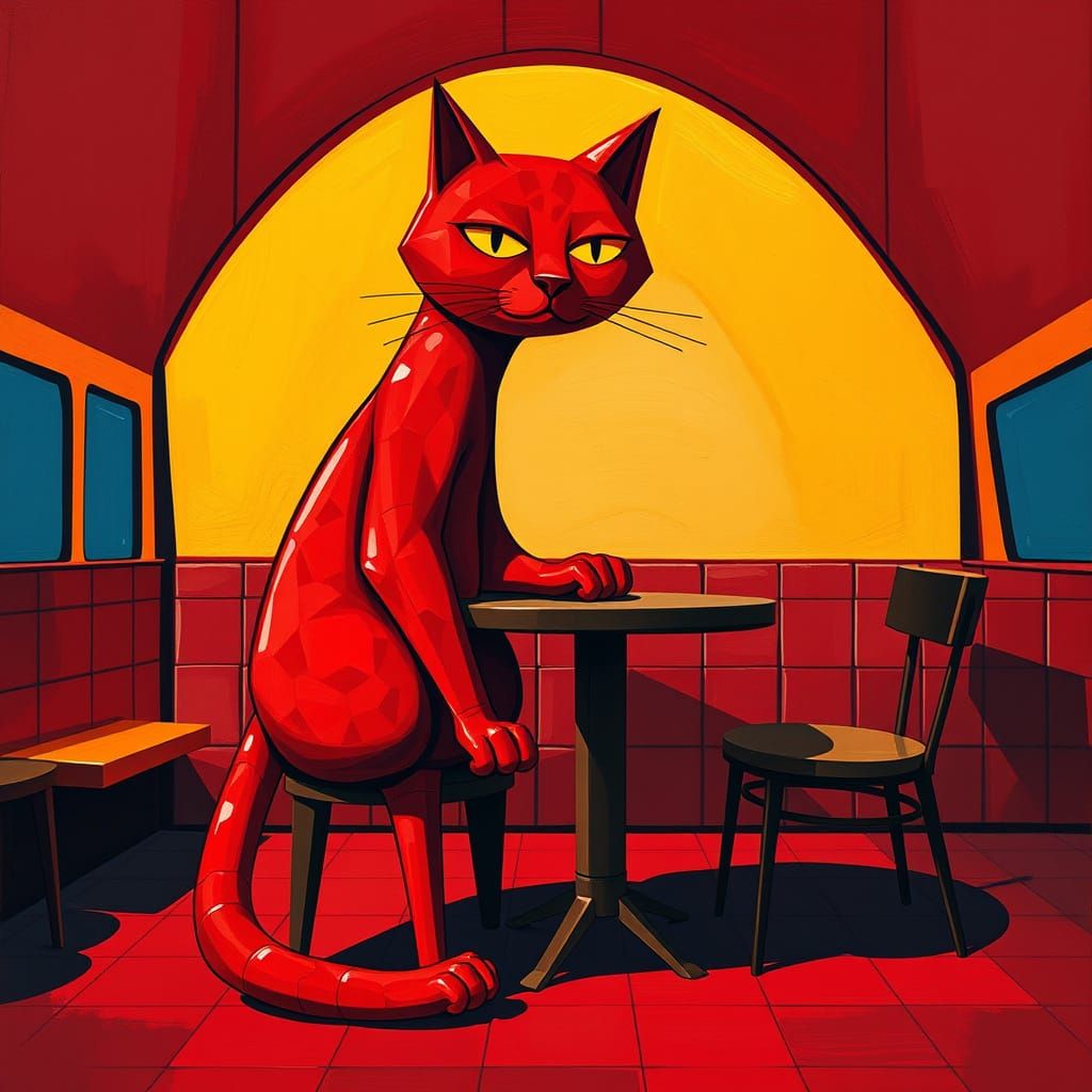 Long-Legged Crimson Cat Presides Over Distorted Cafe