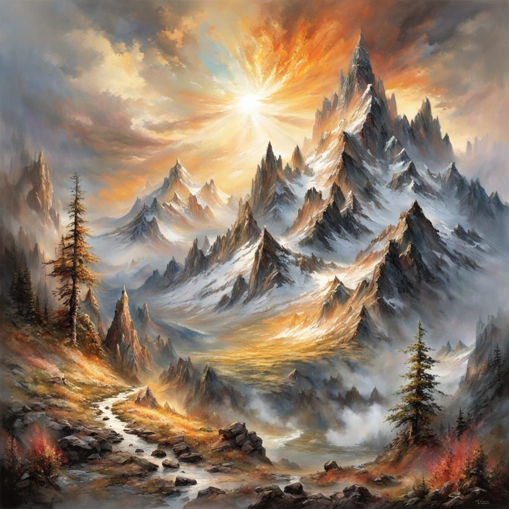 Golden Mountain Sunrise in Abstract Style