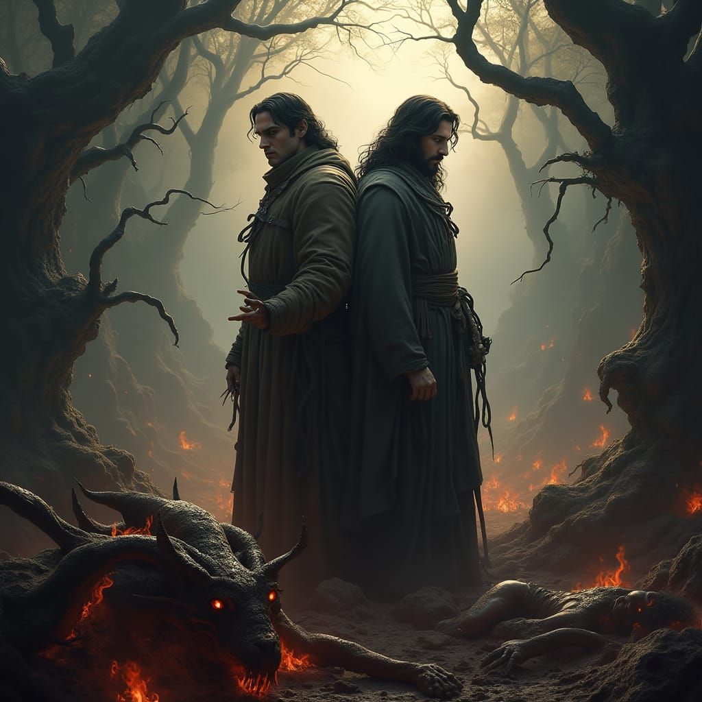 Dante Alighieri and Virgil Stand Back to Back in Hellish Lan...