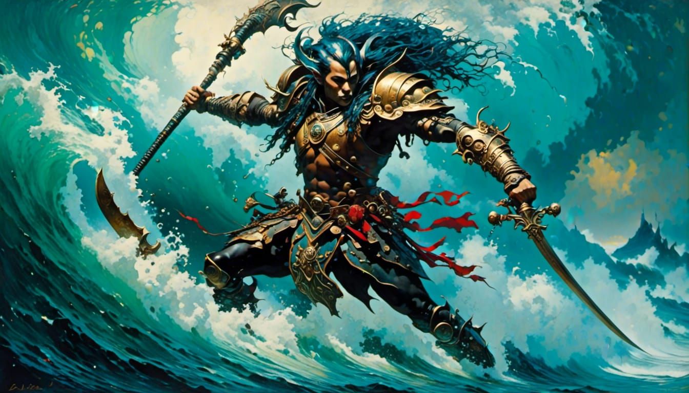 Elven Warrior Amidst Waves in Lacquer Style