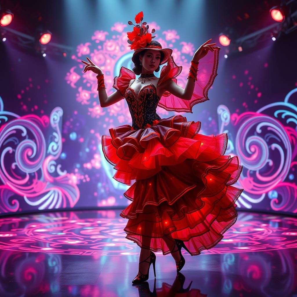 Cyberpunk Can-Can Dancer on a Futuristic Stage