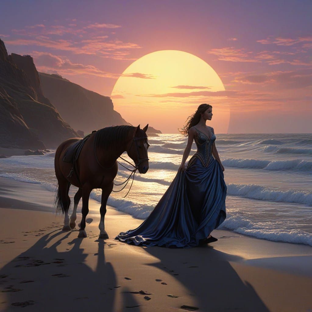 Ethereal Woman in Diaphanous Gown on Moonlit Beach Dune