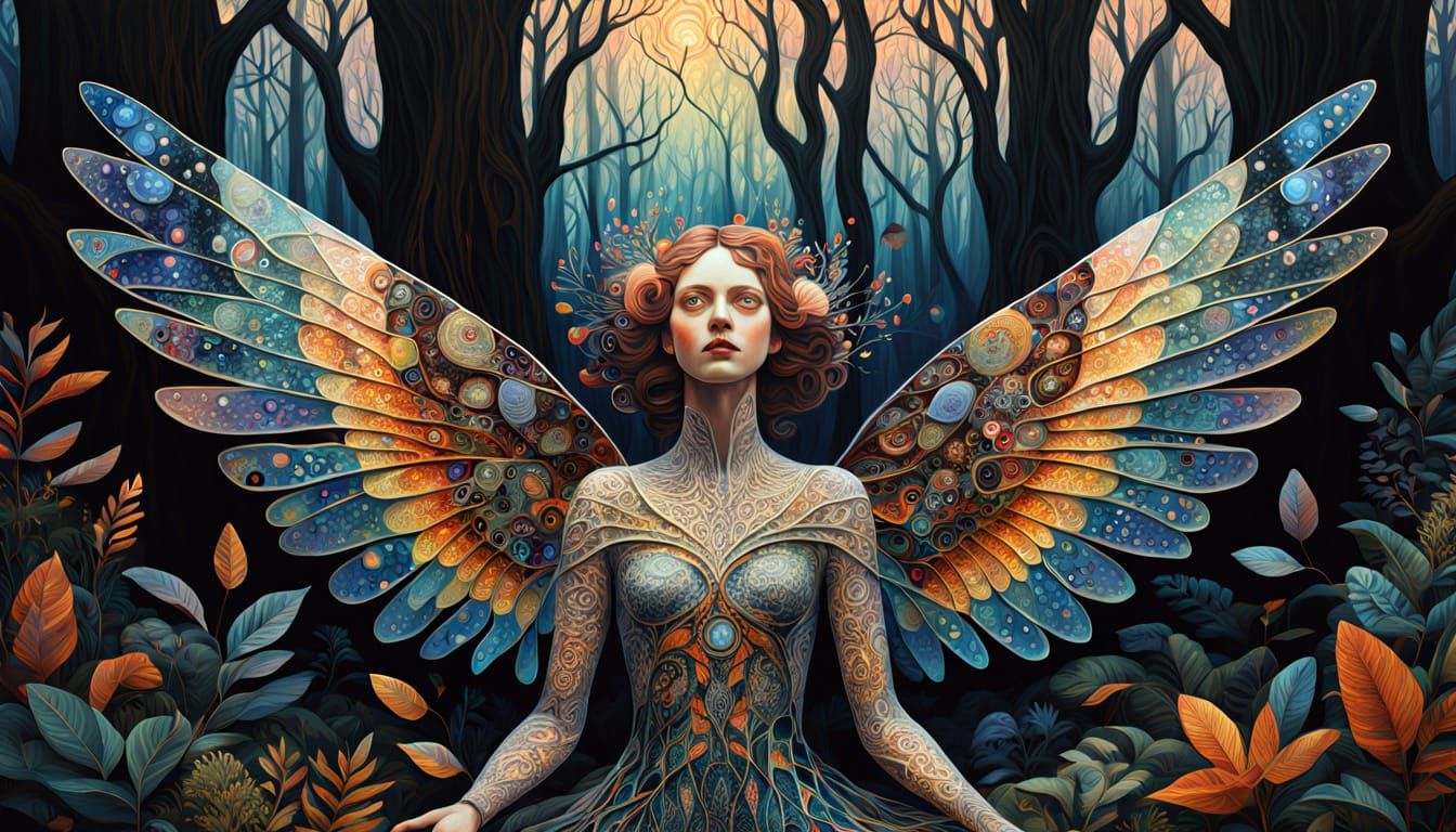 Surreal Fragmented Sculpture of Winged Woman in Dark Forest