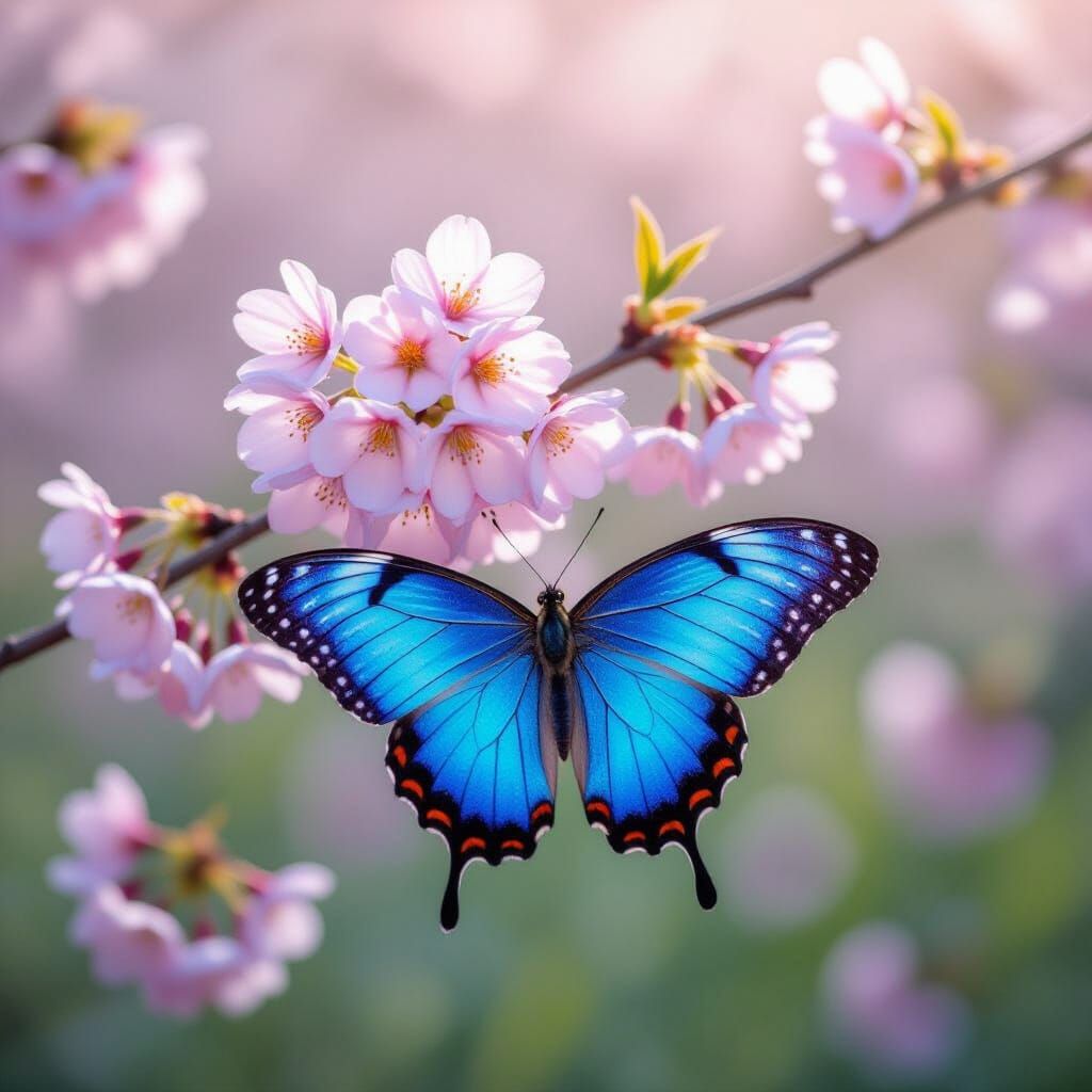 Glowing Blue Butterfly in Cherry Blossom Field
