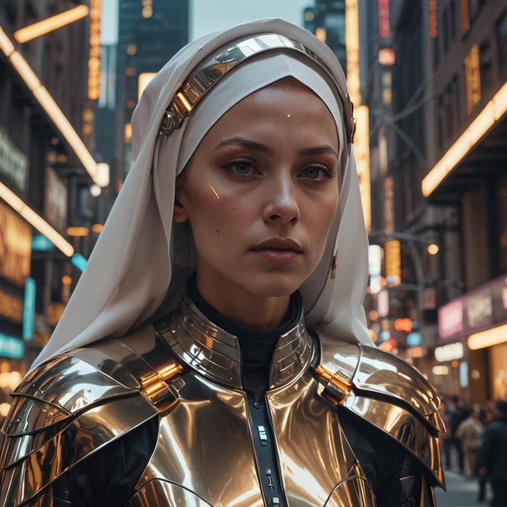 Warrior Nun in Cyberpunk New York, Cinematic Lighting