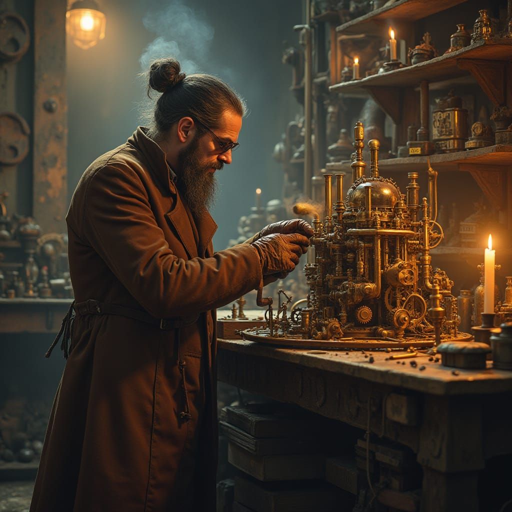Steampunk Inventor Tinkers in Workshop: Folk Art Style