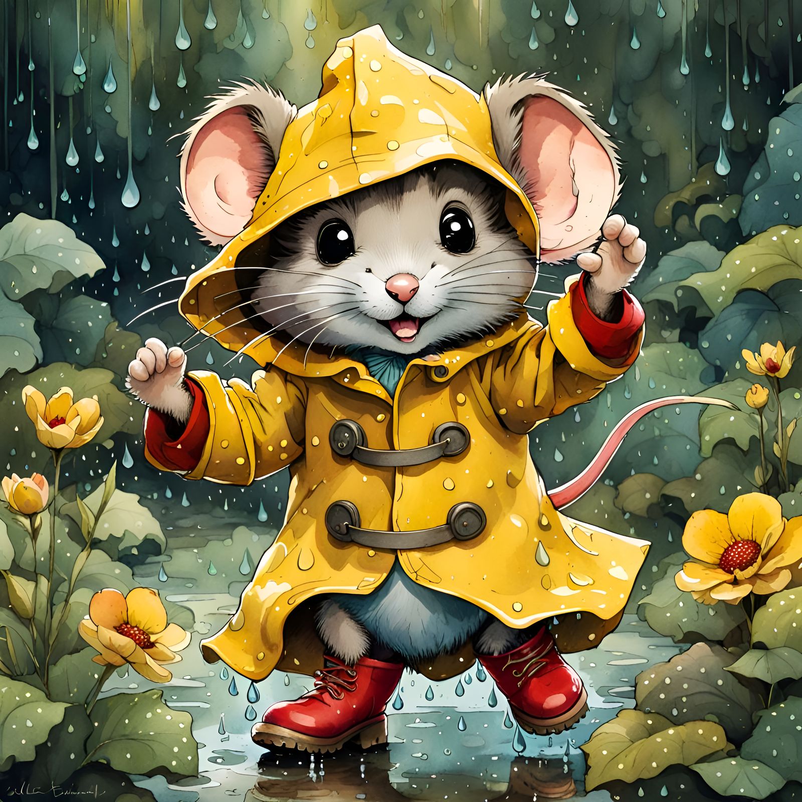 Happy Chibi Mouse Dancing in Rainy Garden