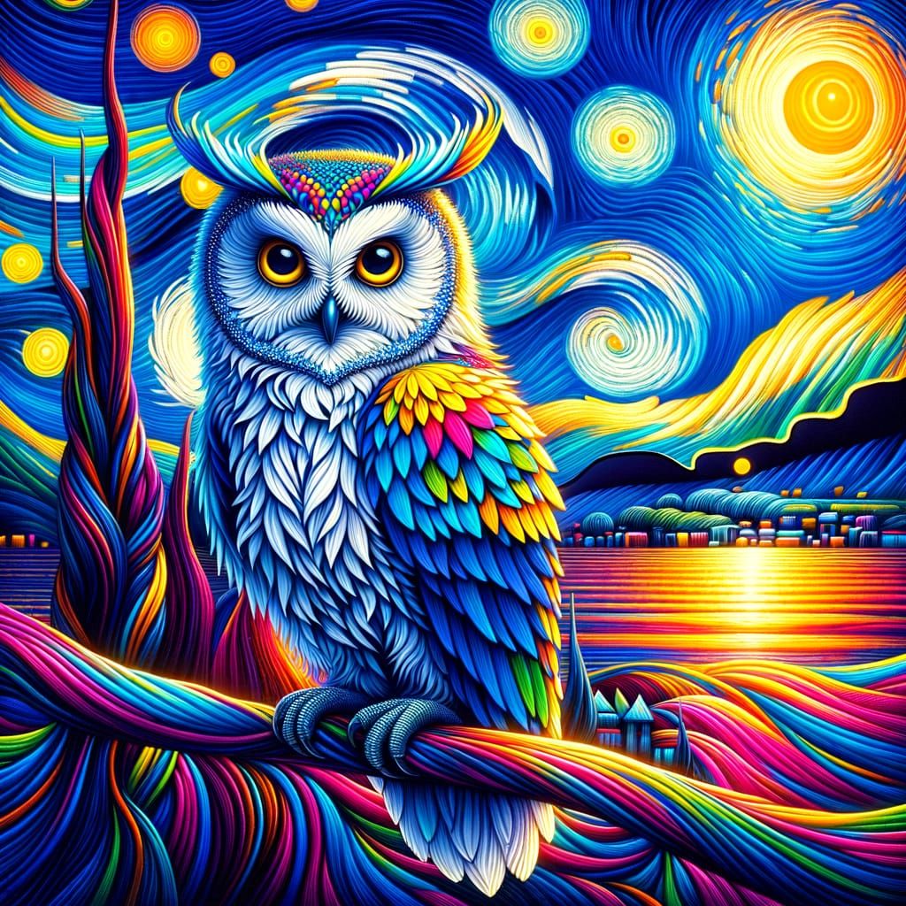 Vibrant Sunset Owl in Metallic Blue Perched on a Thick Branc...