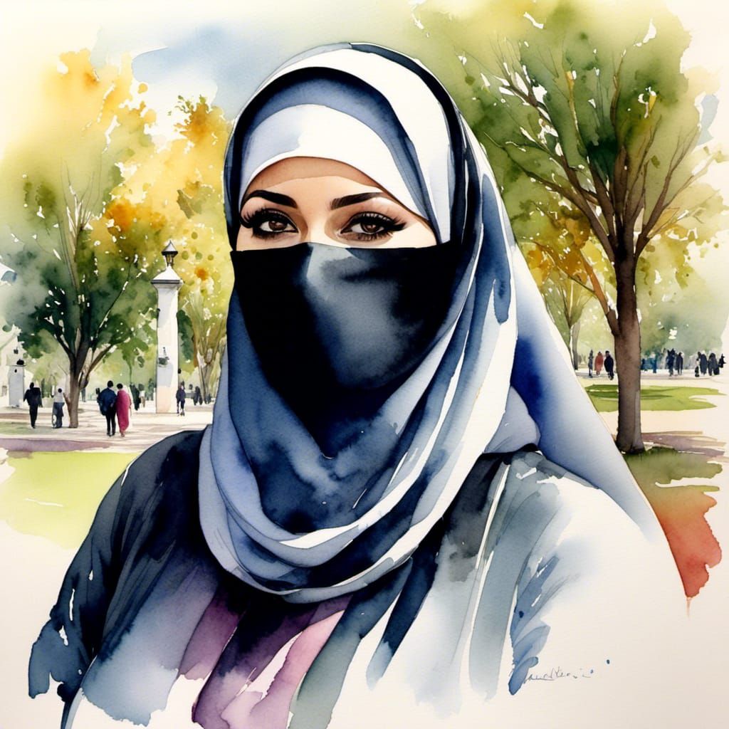 Watercolor Portrait of Niqabi Woman in Park