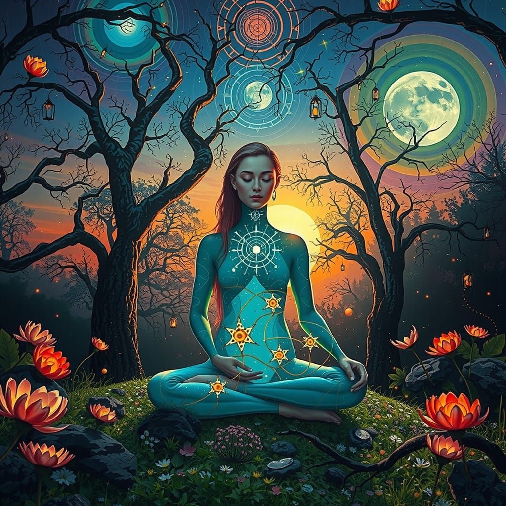 Bioluminescent Meditative Figure in Psychedelic Style