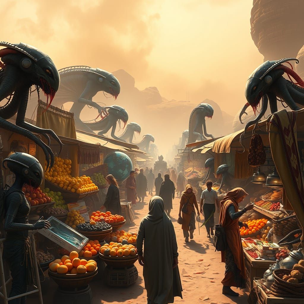 Bustling Alien Market on Desert Planet as Matte Painting