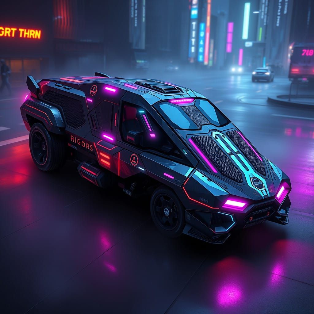 Futuristic Cyberpunk Vehicle Design in Neo-Noir Aesthetic
