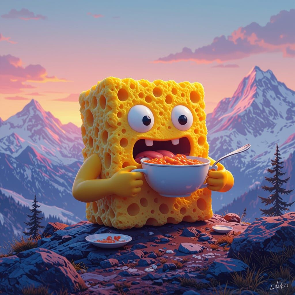Muscular Sponge Enjoys Soup on a Mountain
