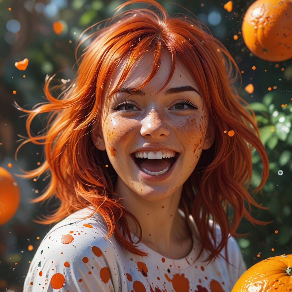 Kawaii Girl with Orange Splash Art Style