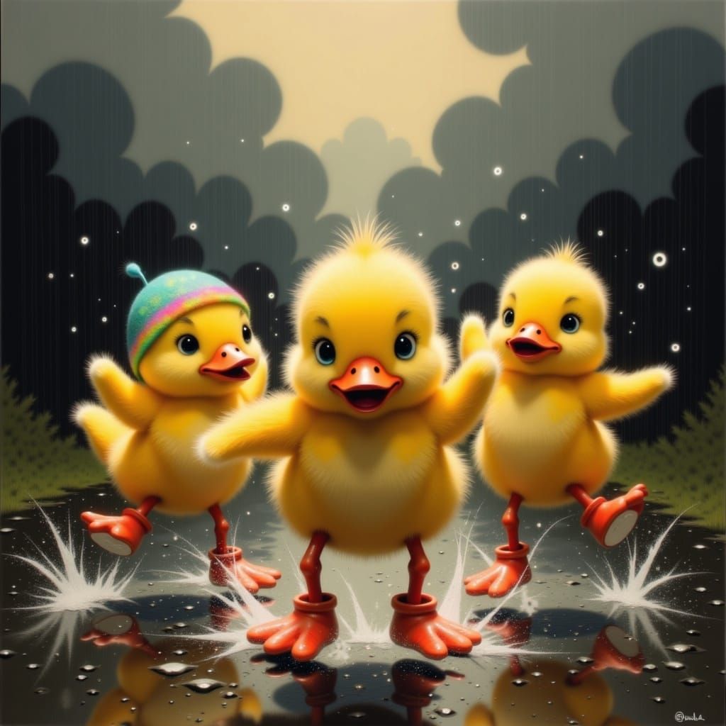 Dancing Ducklings in the Rain, Whimsical Art