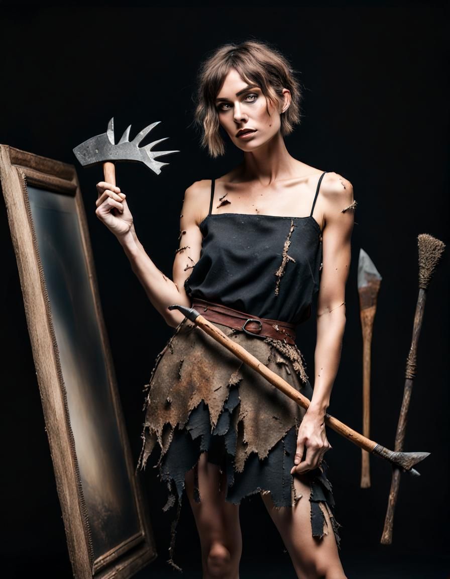 Prehistoric Woman Posing with Ancient Tools