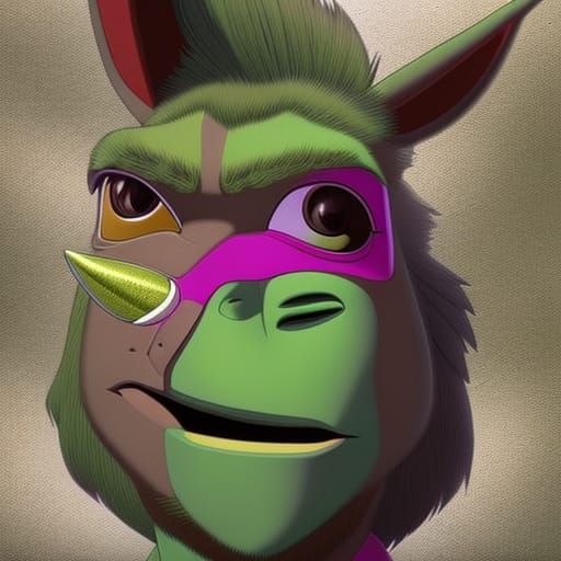 Hyperrealistic Shrek-Donkey Smirking, Splash Art Style