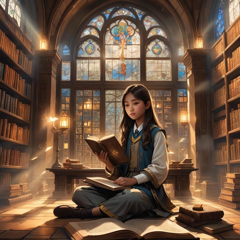 Mystical Library: Asian Girl Reading Ancient Book