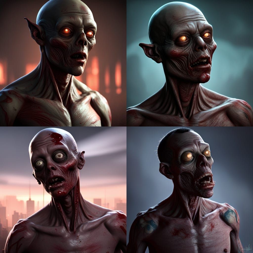 humanoid Alien Zombie in the sametary, black night scary horror bloody ArtgermPixar, Norman Rockwell, Up, Coco, Luca, WL...