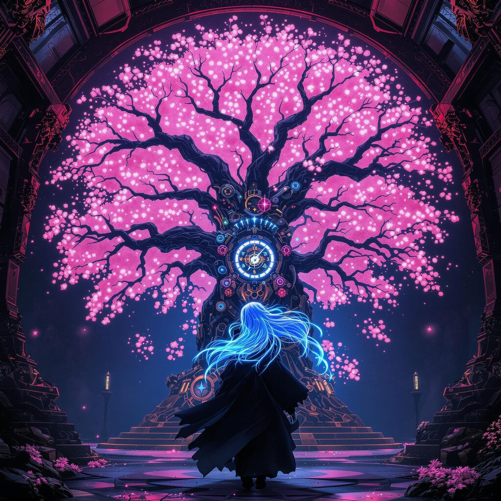 Gothic Clockwork Samurai with Bioluminescent Cherry Tree