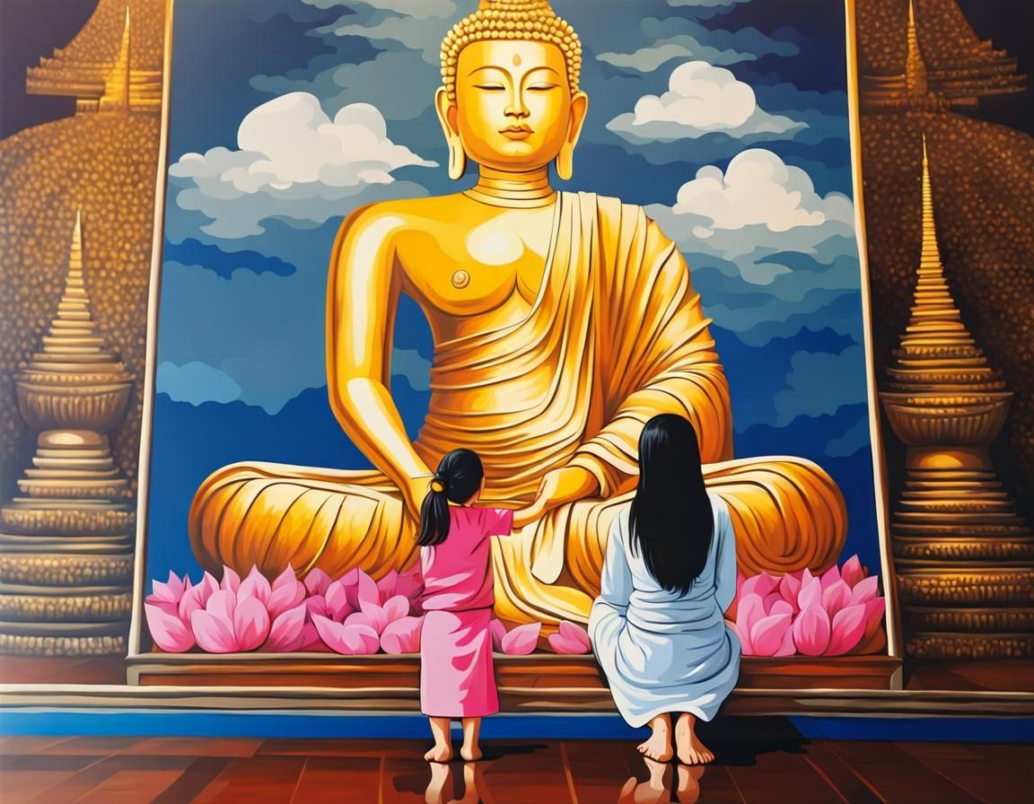 Mother and Daughter Praying Before Buddha