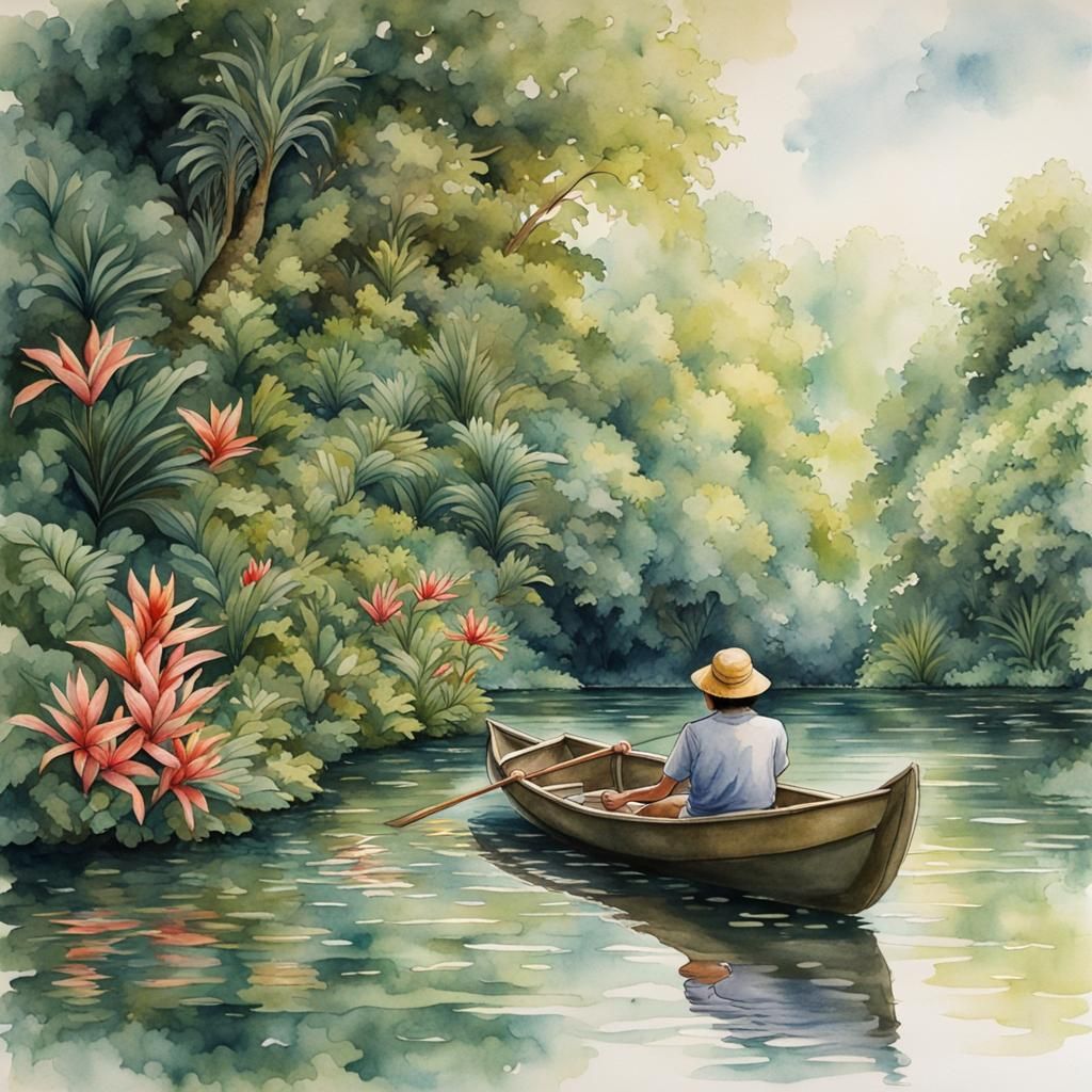 Tropical River Scene in Watercolor Style