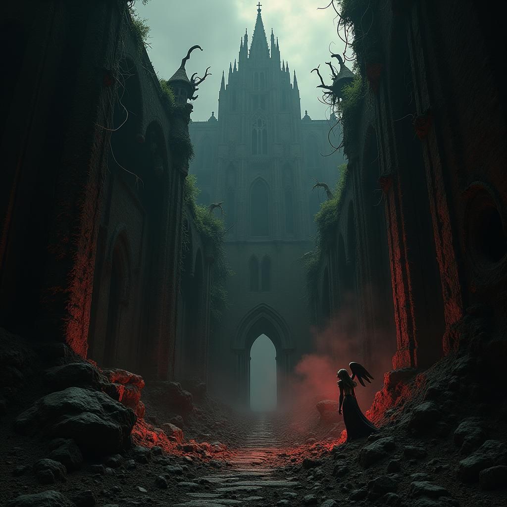 Decaying Gothic Cityscape in Crimson Light