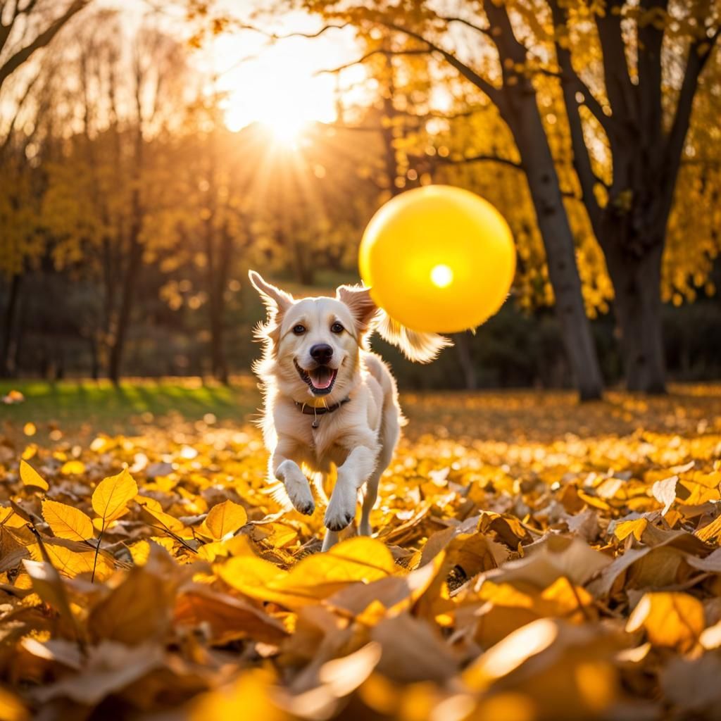 Golden Dog Chasing Ball in Autumn Sunlight